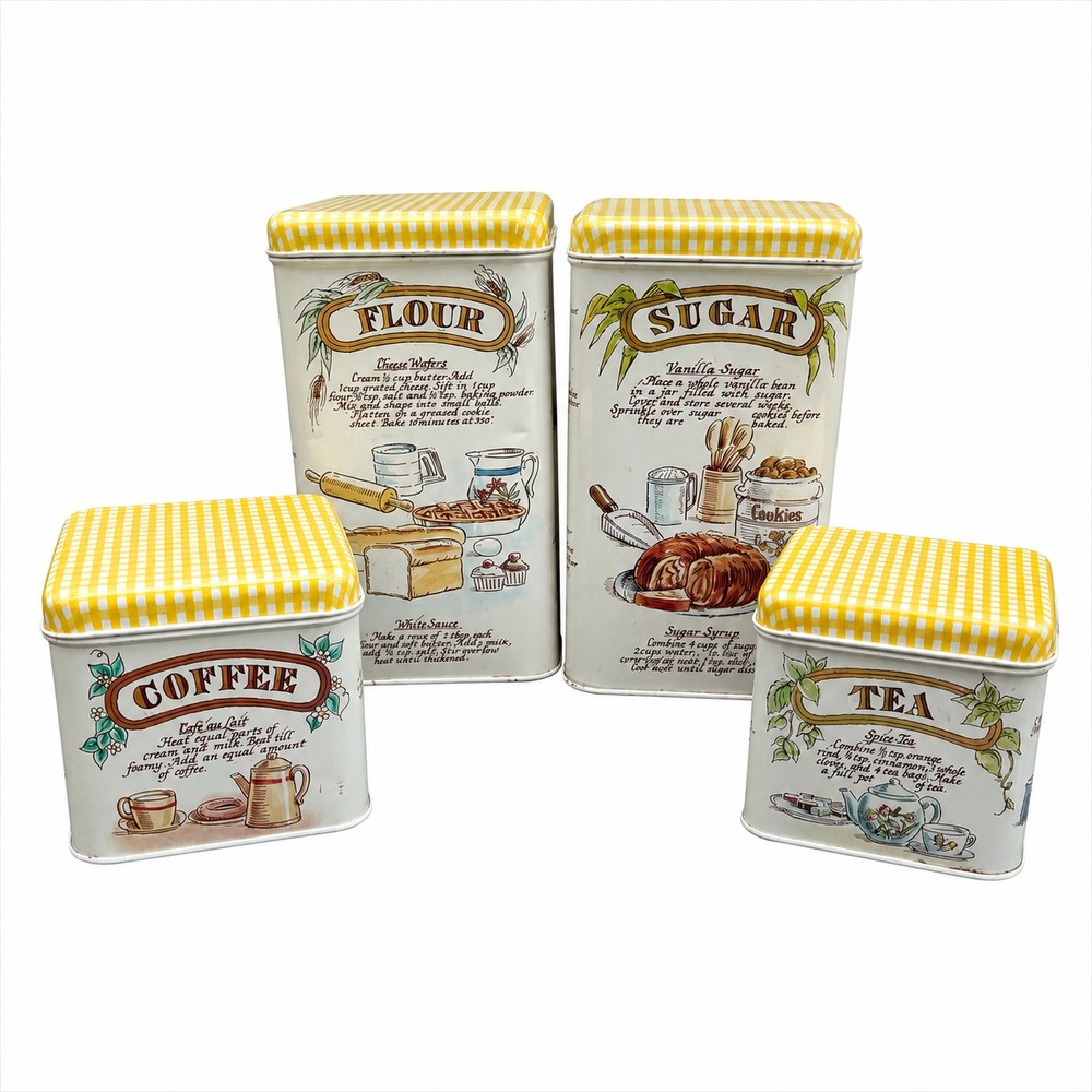 Vintage 4 Pc Metal Canister Set Recipe Flour Sugar Coffee Tea Yellow Gingham